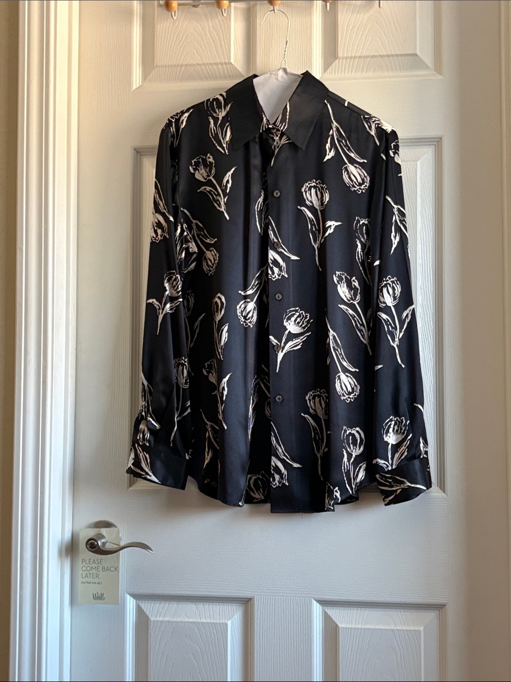 All Silk Black Floral-Print Long Sleeve Button-Up Blouse